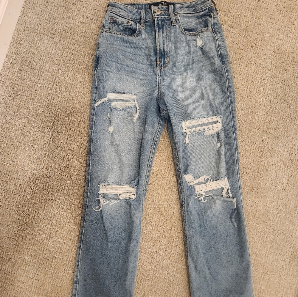 Hollister Ultra High Rise Vintage Straight Distressed Blue Jeans